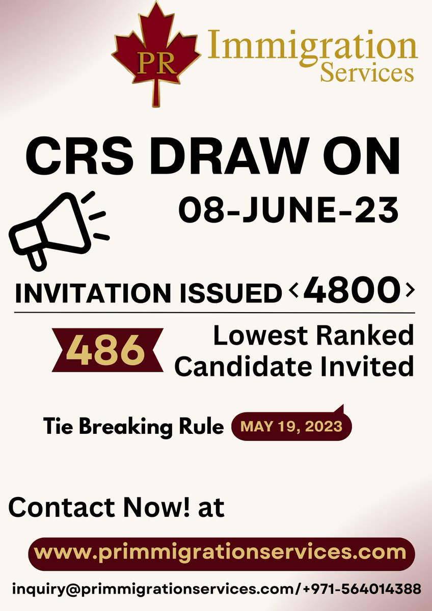 CRS DRAW ON 08-June-23, 4800 Invitation Issued

For more details:

+971- 564014388
inquiry@primmigrationservices.com

#primmigrationservices #immigration #immigrationconsultant #immigrationcanada #immigrationaustralia #visaservices #visaconsultants #visaapproval #touristvisa