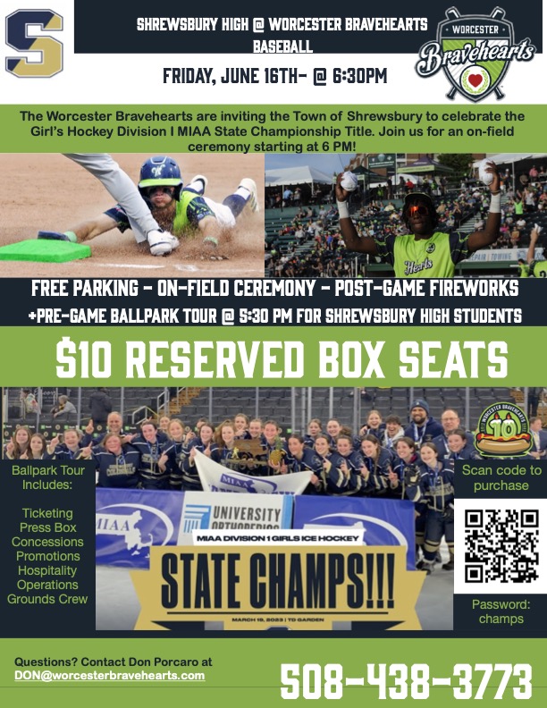 SPS Innovation (@spsinnovates) on Twitter photo FAMILY EVENT! Worcester Bravehearts June 16th game honoring our SHS Girls Hockey Team MIAA State Champs! 6:00 p.m. at Fitton Field, plus fireworks! Tickets $10. HS students interested in Sports Mgt, email kkeohane@shrewsbury.k12.ma.us if interested in pre-game tour of facility. FAMILY EVENT! Worcester Bravehearts June 16th game honoring our SHS Girls Hockey Team MIAA State Champs! 6:00 p.m. at Fitton Field, plus fireworks! Tickets $10. HS students interested in Sports Mgt, email kkeohane@shrewsbury.k12.ma.us if interested in pre-game tour of facility.