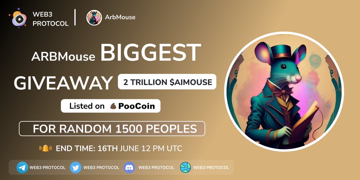 Web3 Protocol (@web3_protocol) on Twitter photo 🎉Web3 Protocol X ArbMouse AI Giveaway
🏆Prize Pool:- 2TRILLION $AIMOUSE
To Enter:-
✔️Follow <a href="/Web3_Protocol/">Web3 Protocol</a> & @ArbMouse_Ai
✔️Like and RT 3 friends
✔️Fill form :- tinyurl.com/27bbsbac
#Airdrop #Giveaway #Giveaways #ArbMouse_Ai 🎉Web3 Protocol X ArbMouse AI Giveaway
🏆Prize Pool:- 2TRILLION $AIMOUSE
To Enter:-
✔️Follow <a href="/Web3_Protocol/">Web3 Protocol</a> & @ArbMouse_Ai
✔️Like and RT 3 friends
✔️Fill form :- tinyurl.com/27bbsbac
#Airdrop #Giveaway #Giveaways #ArbMouse_Ai