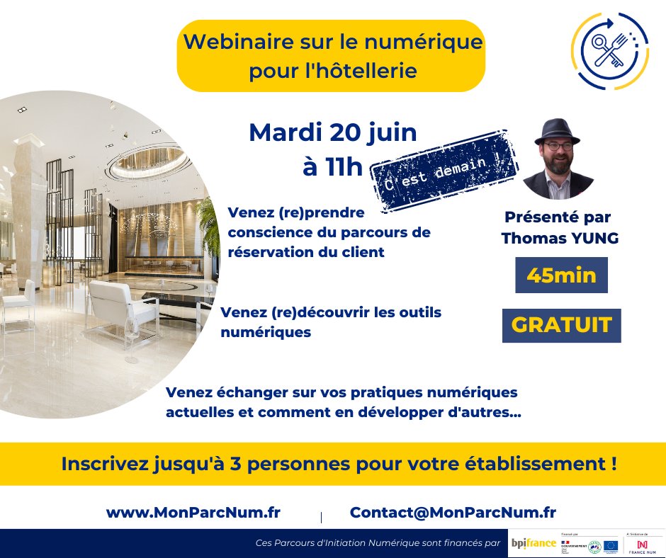 😍C'est DEMAIN !
Rdv demain avec Thomas YUNG à 11h pour le dernier webinaire métier de notre parcours ! Il vous fera prendre conscience de l'importance de du parcours client !
Inscription sur 🌐MonParcNum.fr
<a href="/GHR_HCR/">GHR</a> <a href="/SNRTC_France/">SNRTC</a> <a href="/CGAD_france/">CGAD</a> <a href="/Equiphotelparis/">EquipHotel Paris</a>