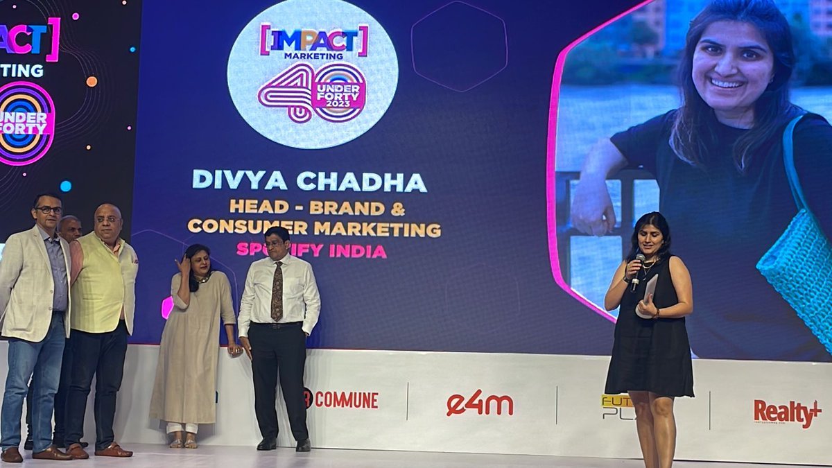 IMPACT_onnet's tweet photo. In the spotlight of success, you truly stand tall🎉 Congratulations Divya Chadha, Head - Brand &amp; Consumer Marketing, Spotify India on winning the prestigious title - #IMPACTMarketing40Under40🏆
@spotifyindia

#ImpactAwards #IMPACT40Under40 #MarketingAwards #40Under40 https://t.co/txq6NzruhI