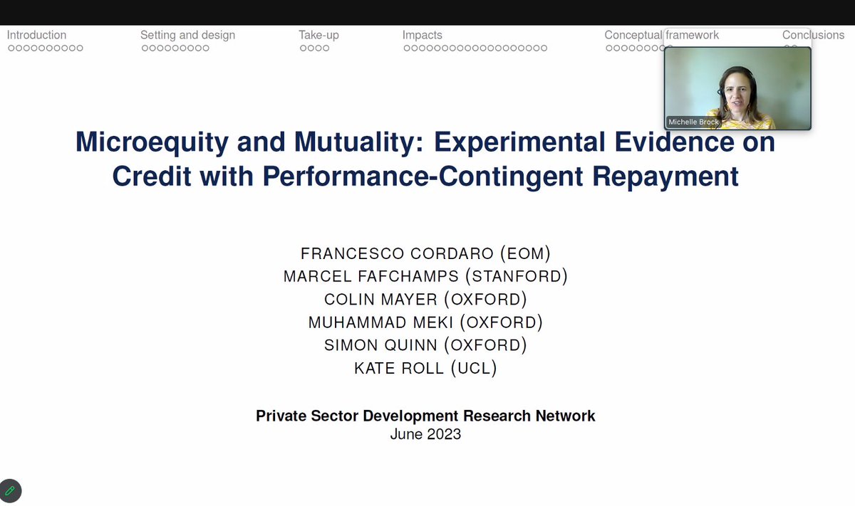 Our Senior Research Economist @michellebrock55 opens an exciting session on Microequity and Mutuality: Experimental Evidence on Credit with Performance-Contingent Repayment w/ Simon Quinn @simonrquinn 

Co-organised by the @EBRD & #PSDRN 

Join here: psdresearchnetwork.com/aw-event/micro…