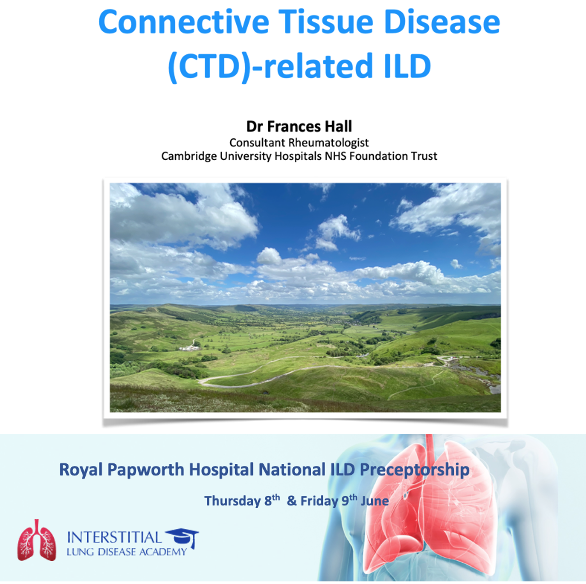 Fch22Hall's tweet photo. It was a pleasure to contribute to the ILD Preceptorship to highlight how to spot - and treat - CTD in patients with interstitial lung disease. @CAREAddenbrooke #ENRAD https://t.co/gvjmsp90eM