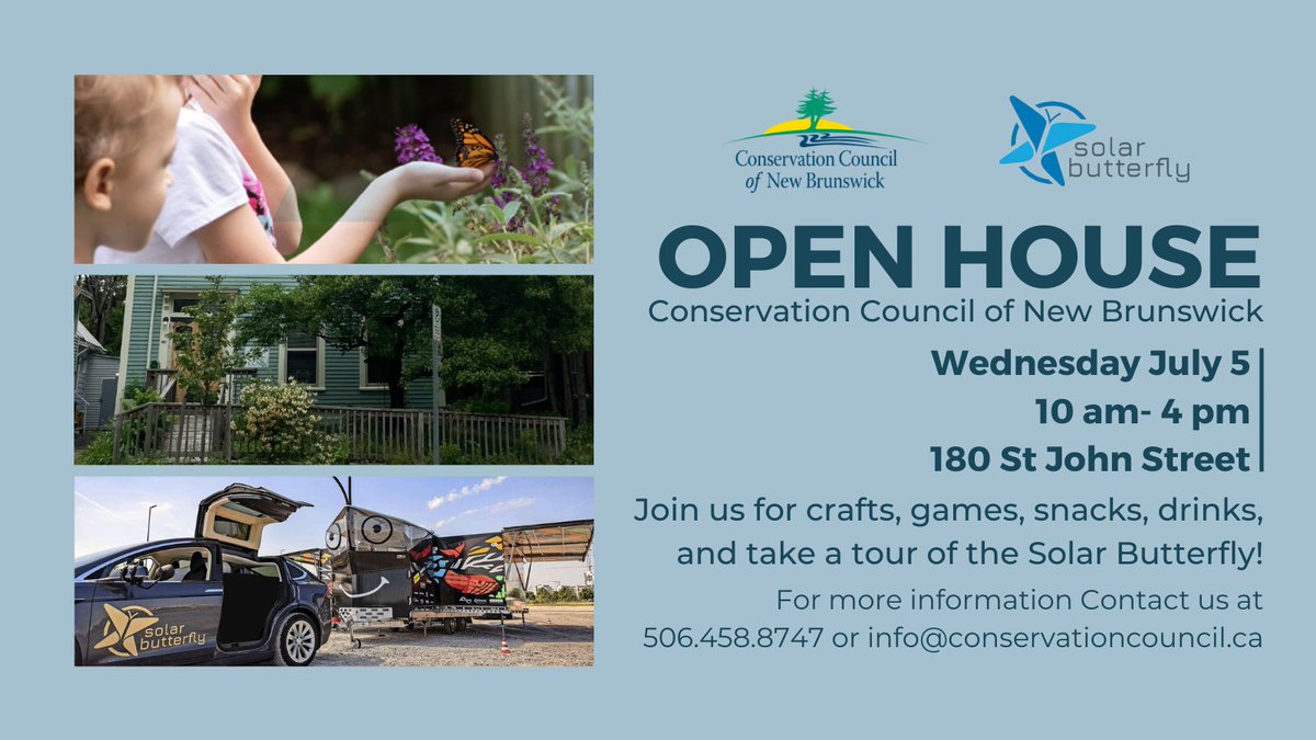 Conservation Council of New Brunswick invites you to join us at 180 St John Street on July 5th from 10 am to 4 pm for our Open House. 🏡🌿

The Solar Butterfly is a remarkable mobile house that is towed by a fully-electric car. However, it goes beyond that—it serves as a