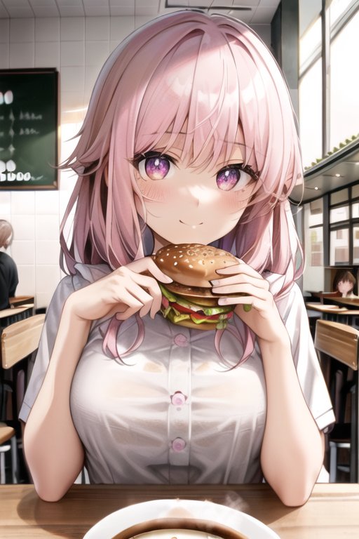 food burger pink hair indoors solo focus shirt smile  illustration images