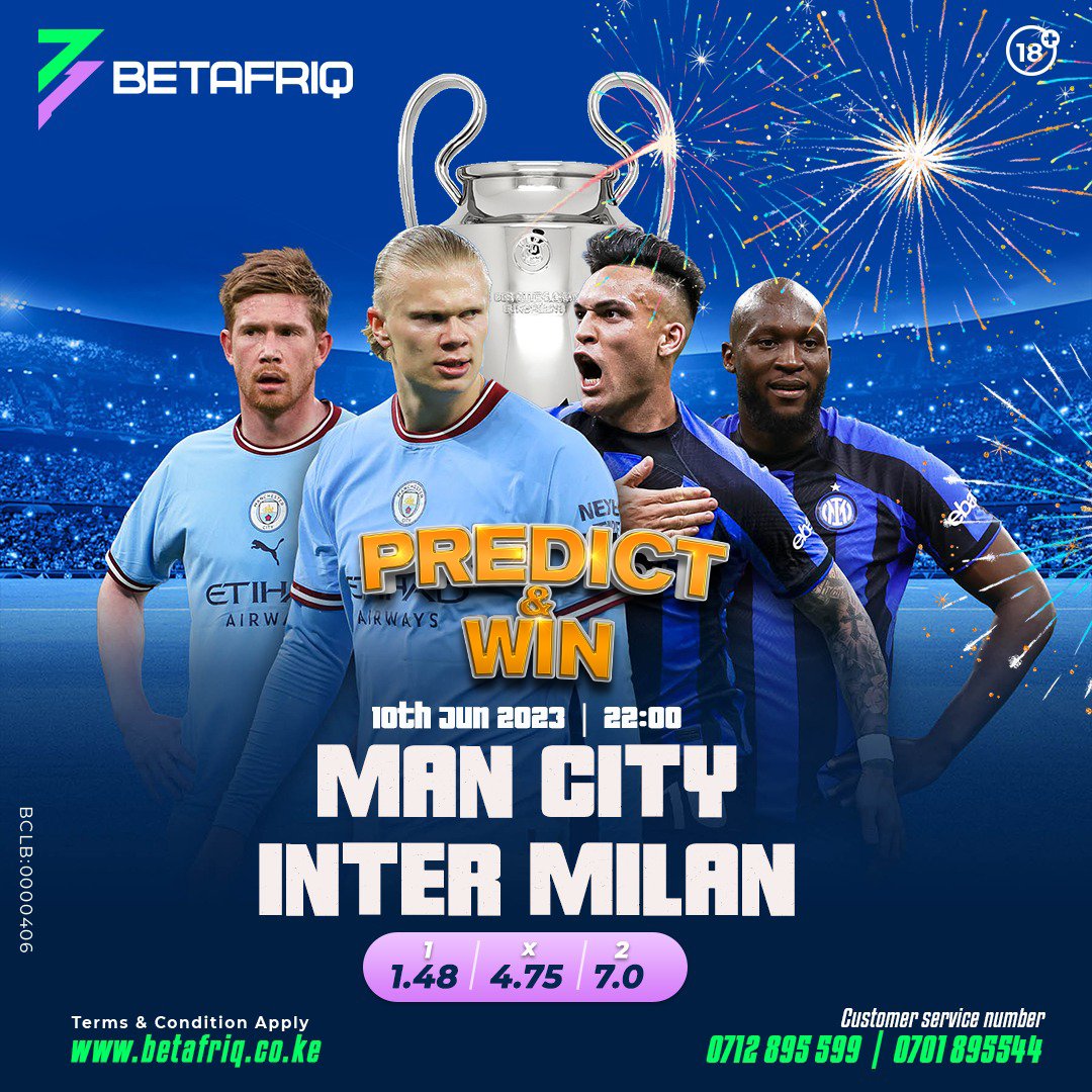 🚨 Treat of the Day! 🥳

Treble-chasing #ManCity takes on #InterMilan in the #UCLfinal! 💥 

➡️ Make your 𝐂𝐨𝐫𝐫𝐞𝐜𝐭 𝐒𝐜𝐨𝐫𝐞 prediction count 👉 (bit.ly/43tYta3) and win 100Ksh💰 Bonus! 💯

#PredictAndWin
