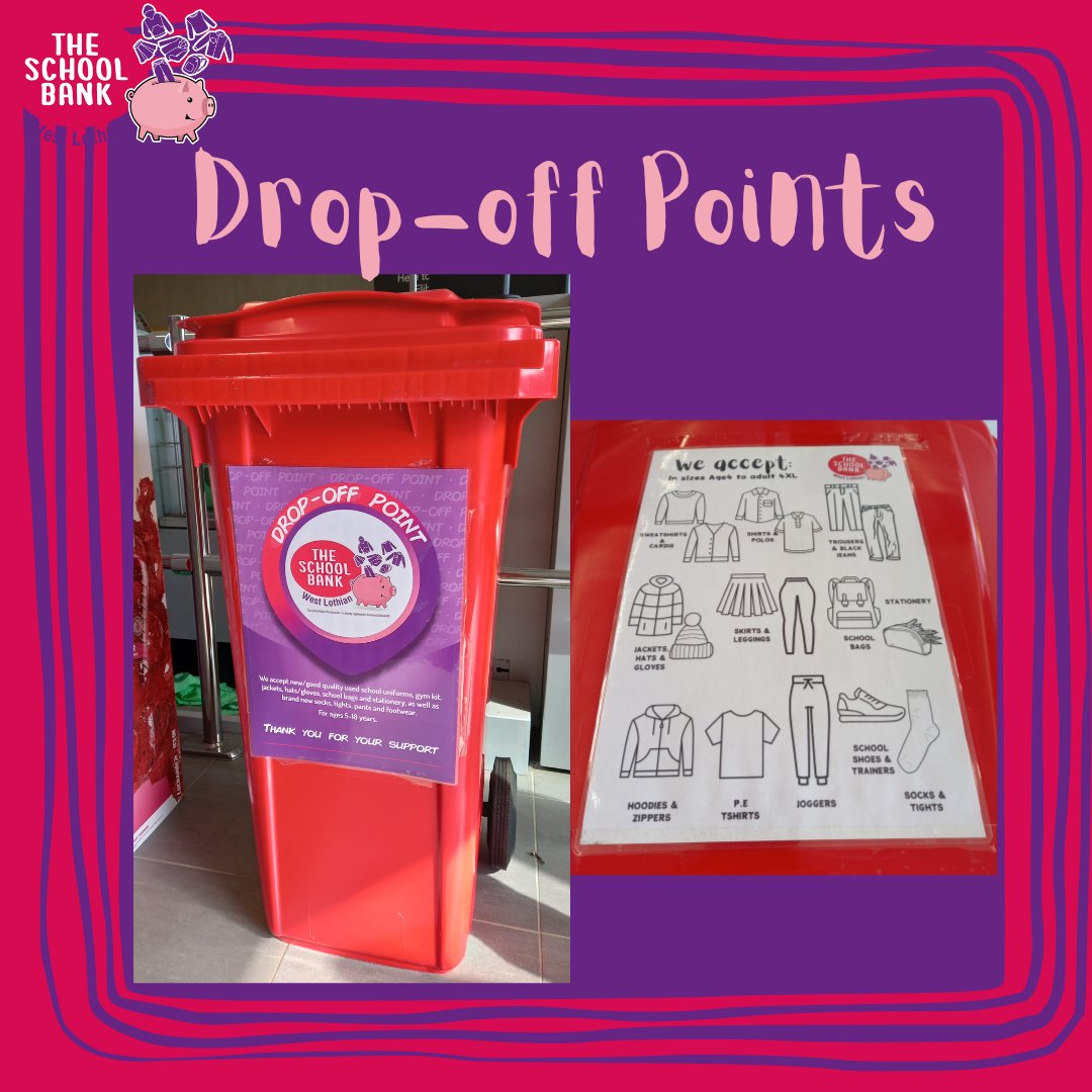 Are you looking to donate new or good quality second hand items?
We have lots of our red drop-off bins placed across towns in West Lothian e.g. Armadale, Bathgate, Broxburn, East Calder, Kirknewton, Linlithgow, Livingston, Longridge, West Calder, Whitburn. schoolbank-westlothian.org/drop-off-point…