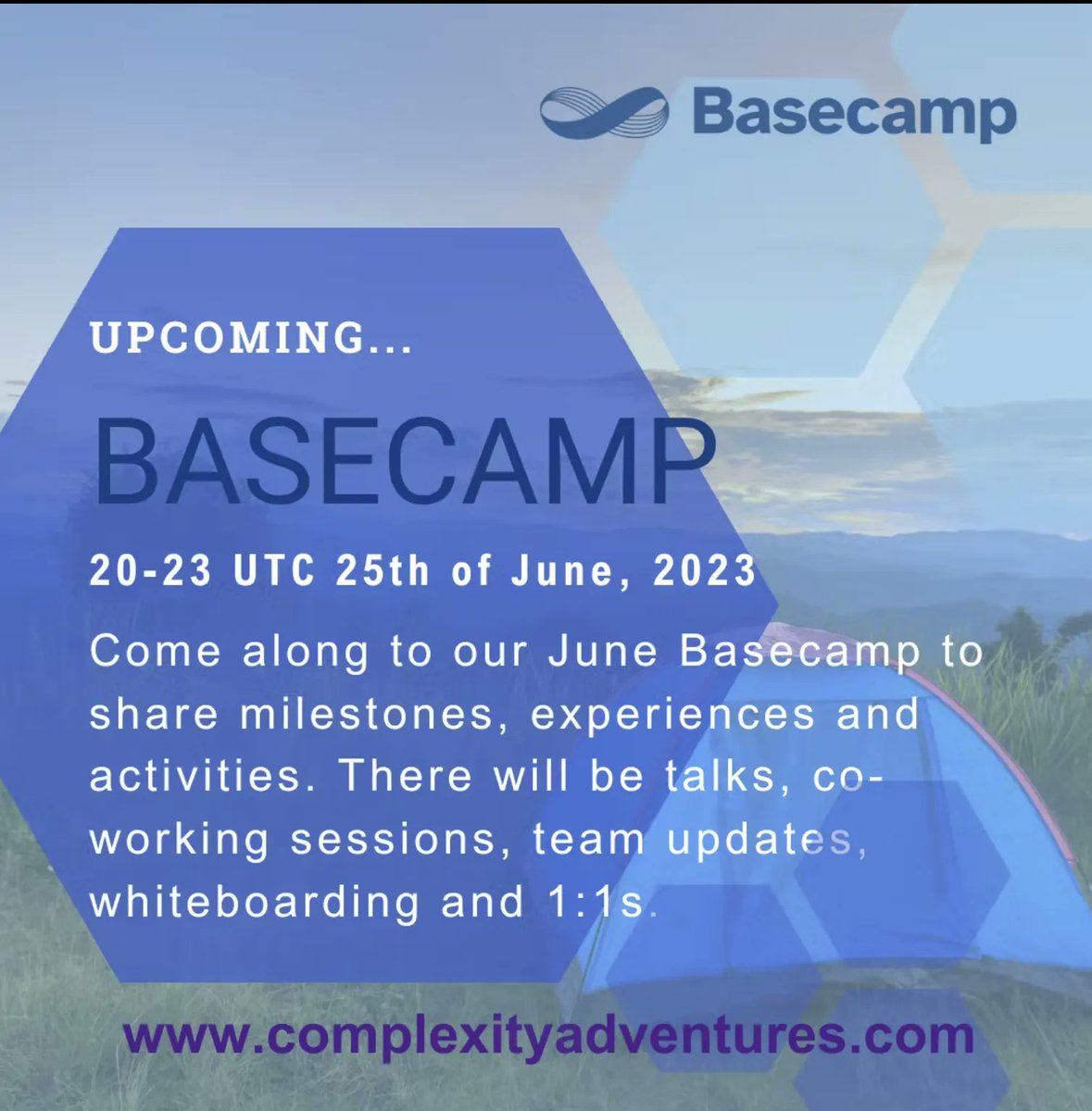 ComplexAdvent's tweet image. Upcoming... BASECAMP

20-23 UTC 25th of June, 2023

Come along to our June Basecamps to share milestones, experiences and activities. There will be talks, co-working sessions, team updates, whiteboarding and 1:1s. 

#ComplexityAdventures #LearnByDoing #ComplexityScience #June2023