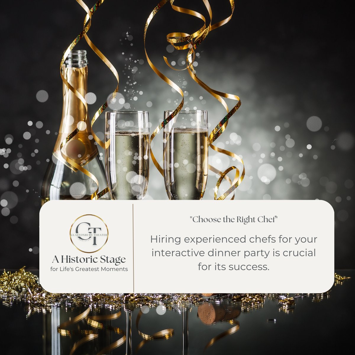 GlastonburyRent's tweet image. "Why You Need Experienced Chefs for Your Interactive Dinner Party"
Hiring experienced chefs for your interactive dinner party is crucial for its success. #ExperiencedChefs #InteractiveCooking #EventPlanning #glastonburytheater #historicctvenue #ctevents