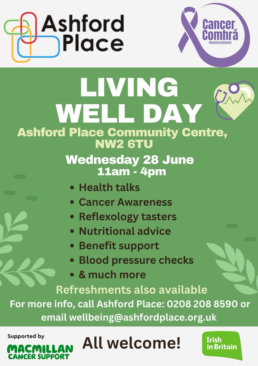 On 28 June, @ashford_place will host a Living Well Day in collaboration with our Cancer Comhrá campaign sponsored by @macmillancancer There'll be health & wellbeing talks, a chance to talk to local community supports + health & wellness taster sessions All welcome! #CancerComrhá