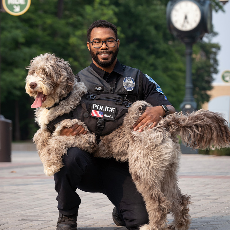 thegmupd's tweet photo. Meet the Mason Nation: Ashanti Mumin and Bunji
Police Corporal and K9 Officer Ashanti Mumin, who joined Mason in February 2022, recently transferred to Mason’s Police Crisis Response Unit, which handles calls for mental health service. Bunji, an Aussiedoodle therapy dog, accompanies Mumin during his calls. “Bunji has been a great addition to the team,” said Mumin. Bunji and Mumin respond to calls from students who are in emotional distress, but Bunji is also there to support his fellow officers. 

Read more about how they help the Mason community: https://t.co/hZZnTVBcSc