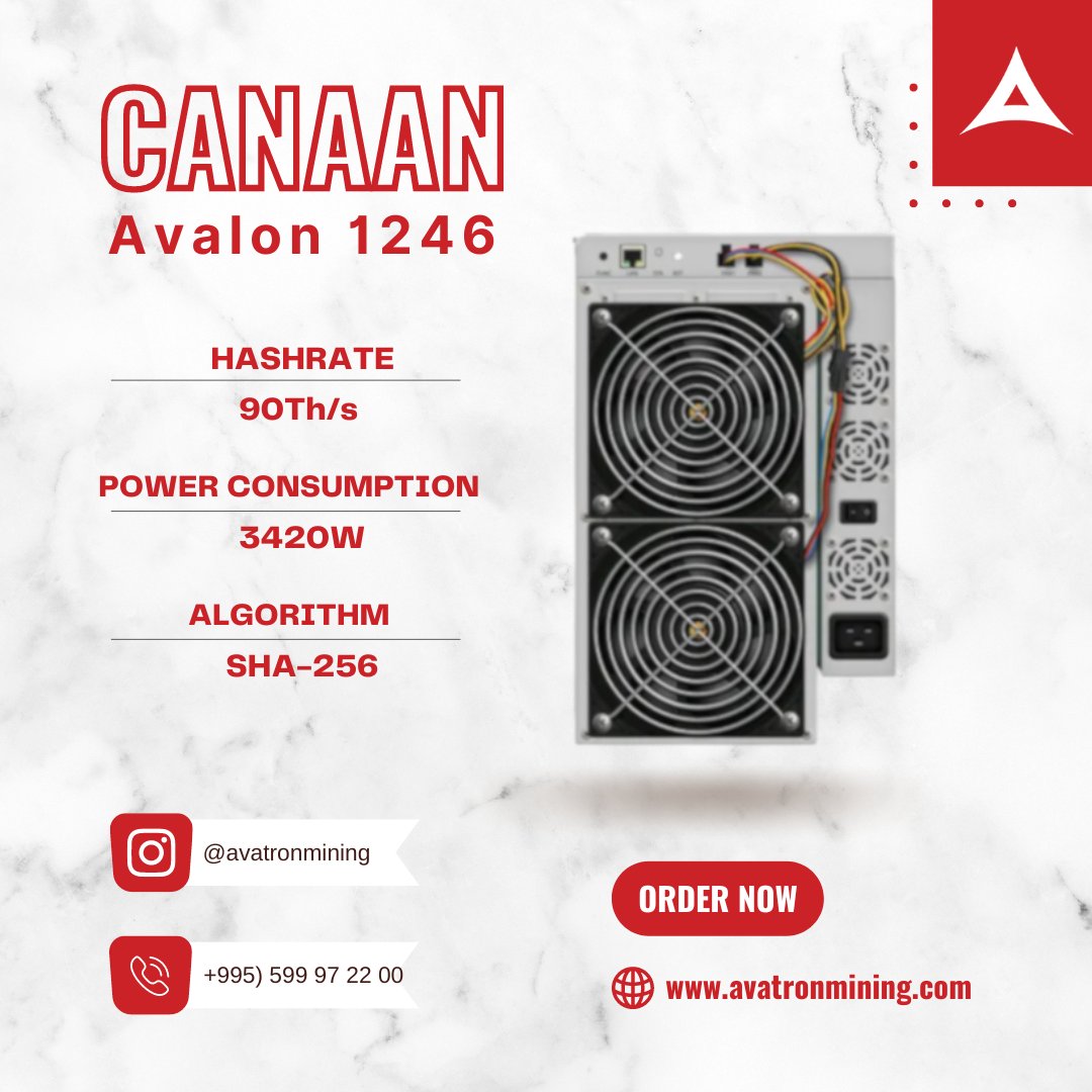 Introducing the Canaan AvalonMiner 1246: 💎

Algorithm: #SHA256
Hashrate: 90Th/s
Power Consumption: 3420W

Powerful, efficient, and perfect for #cryptomining. ⚡️💪

Get yours now at #AvatronMining and start maximizing your mining potential! 💰

#Canaan #AvalonMiner1246