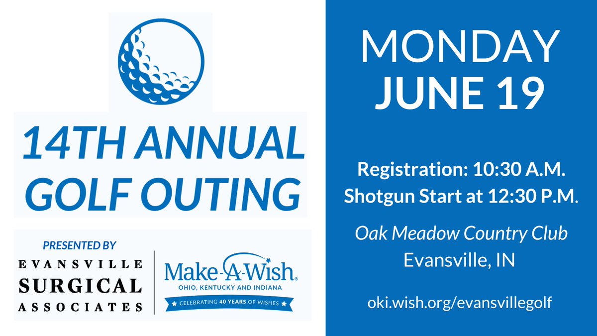 Meet us on the tee to grant life-changing wishes at the 14th Annual Make-A-Wish #Golf Outing, Presented by Evansville Surgical Associates! Sponsorships: bit.ly/3P1QoVu Silent auction: bit.ly/3P2y8eD Questions contact Maria at mquinton@oki.wish.org #MakeAWish