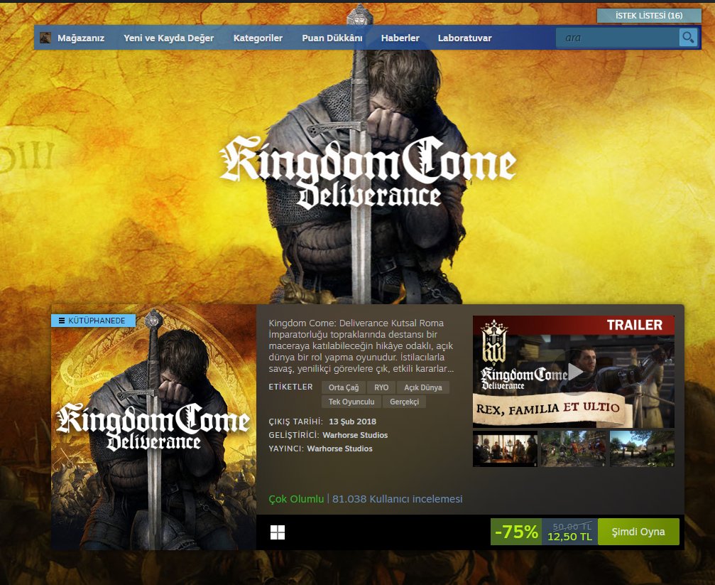 Hala oynamayan varsa, Kingdom Come Deliverance %75 indirim ile 12,50 TL'ye düşmüş. Bu fiyata alabileceğiniz en iyi oyun.