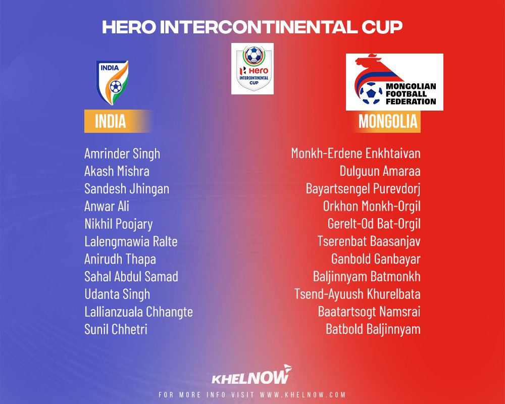 KhelNow's tweet photo. Here are the lineups of @IndianFootball and Mongolia for the #HeroIntercontinentalCup clash

#IndianFootball #INDMNG #BlueTigers #BackTheBlue https://t.co/gEDkLBvXTz