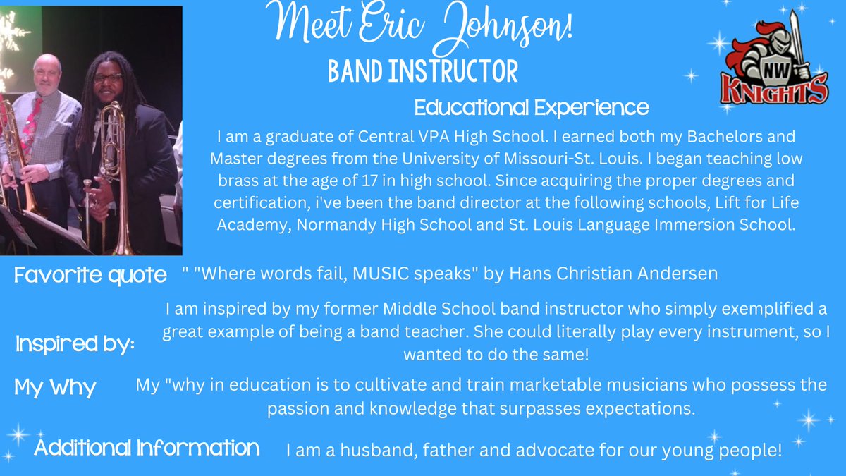 NWMS_Knights's tweet photo. Please join us in welcoming Mr. Eric Johnson to the Northwest Family. He will be teaching band for the 23-24 school year! #welcome #KnightFamily https://t.co/GVVu14imaN