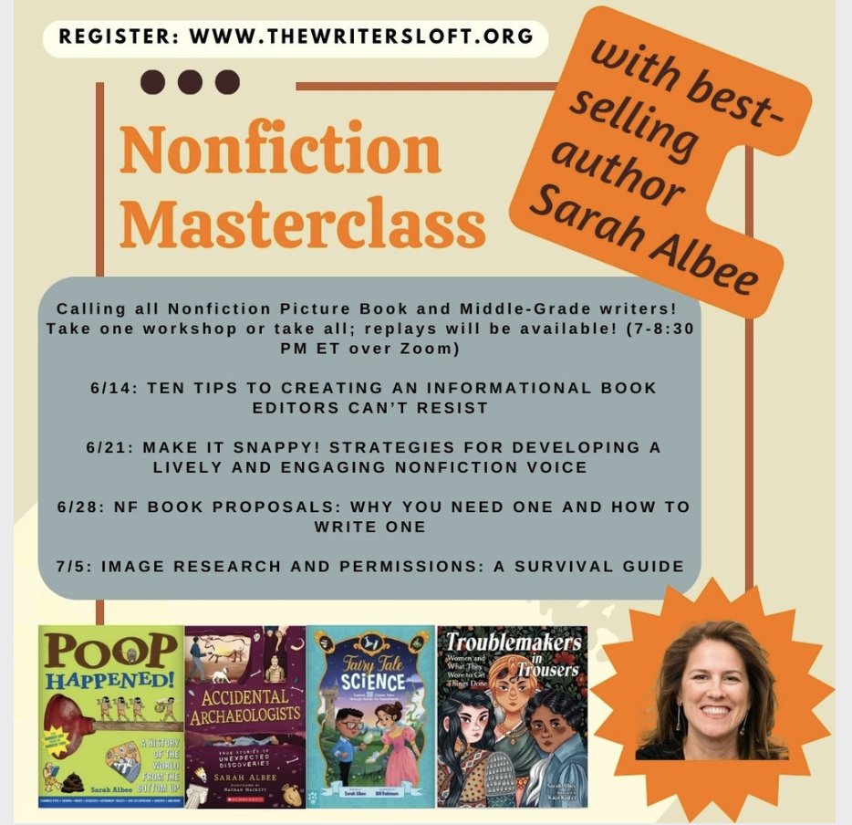 Want to write NF for kids? Join me at @writersloftma for this virtual series, happening on 4 consecutive Wednesdays from 7 to 8:30pm EST, starting June 14th. You can take one workshop, or all four. They'll be recorded if you can't attend in person. tinyurl.com/mr2y7cts