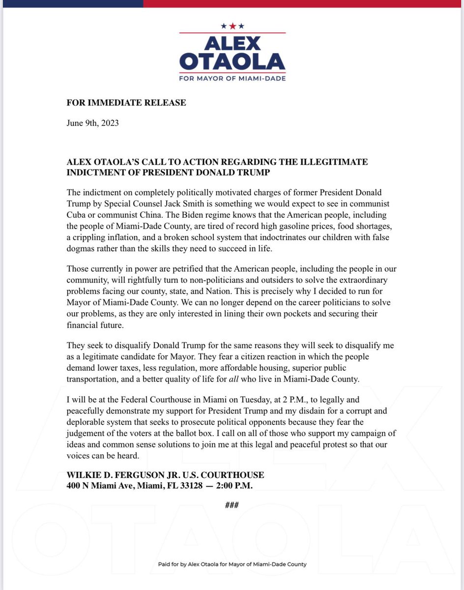 Join us outside of Wilkie D. Ferguson Jr. U.S. Courthouse as we legally and peacefully demonstrate our support for President @realDonaldTrump. America's Democracy is in danger, and we stand united to protect our values.

#SupportingTrump #Otaola2024
#DefendingDemocracy