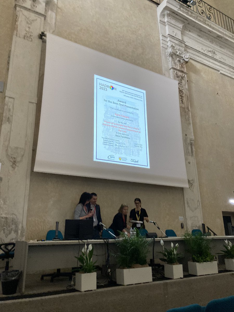 SeldomTeam's tweet photo. Congratulations to Sara Cesare PhD student @LaStatale for the best oral presentation at Hadron 2023 conference in the New Facilities session for the talk “Proof-of-principle test for a charm baryon dipole moment experiment at LHC” https://t.co/X8UH6ESebB