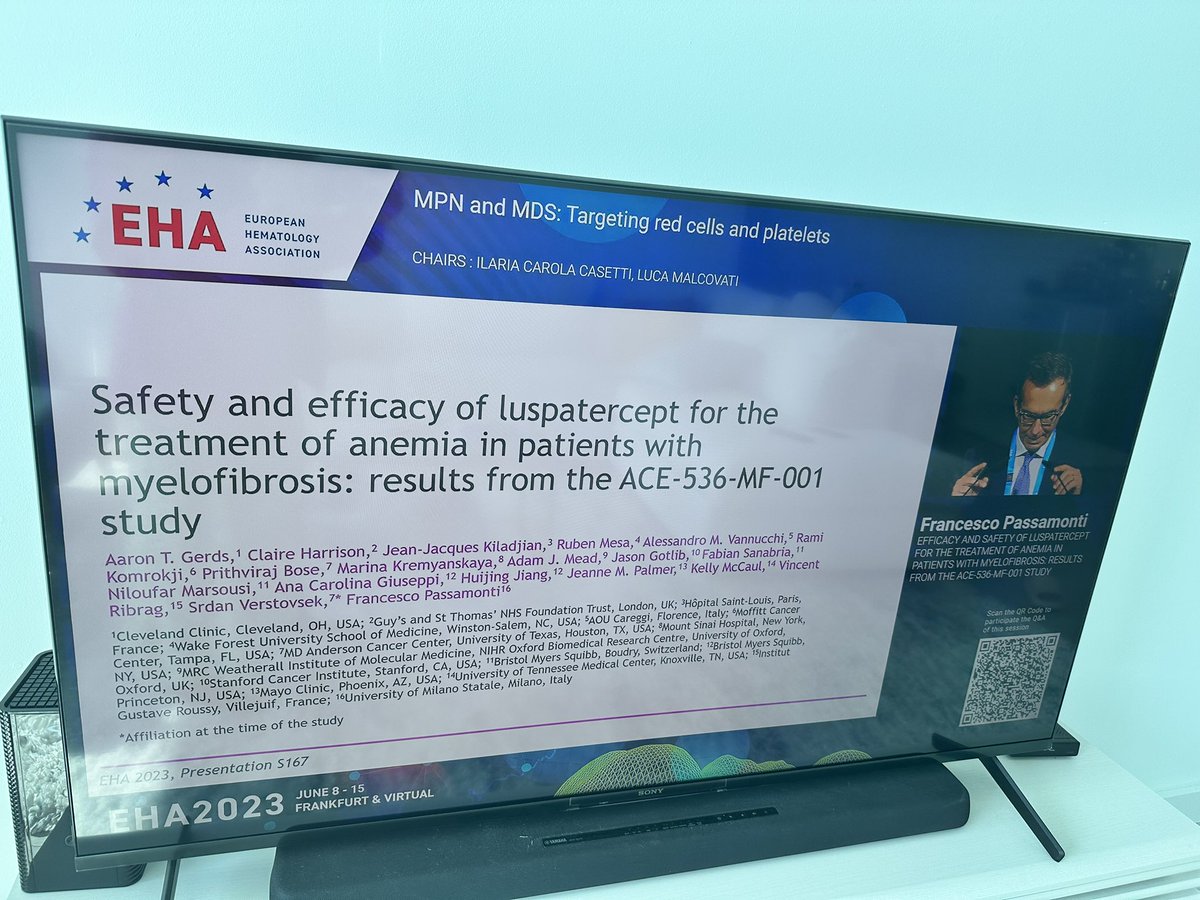 Dr.Passamonti presenting data on luspatercept for anemia in PMF #MPNSM #EHA2023 <a href="/AaronGerds/">Aaron Gerds MD, MS</a> <a href="/MKremyanskaya/">Marina Kremyanskaya, MD, PhD</a> <a href="/bose_prithviraj/">Prithviraj Bose</a>