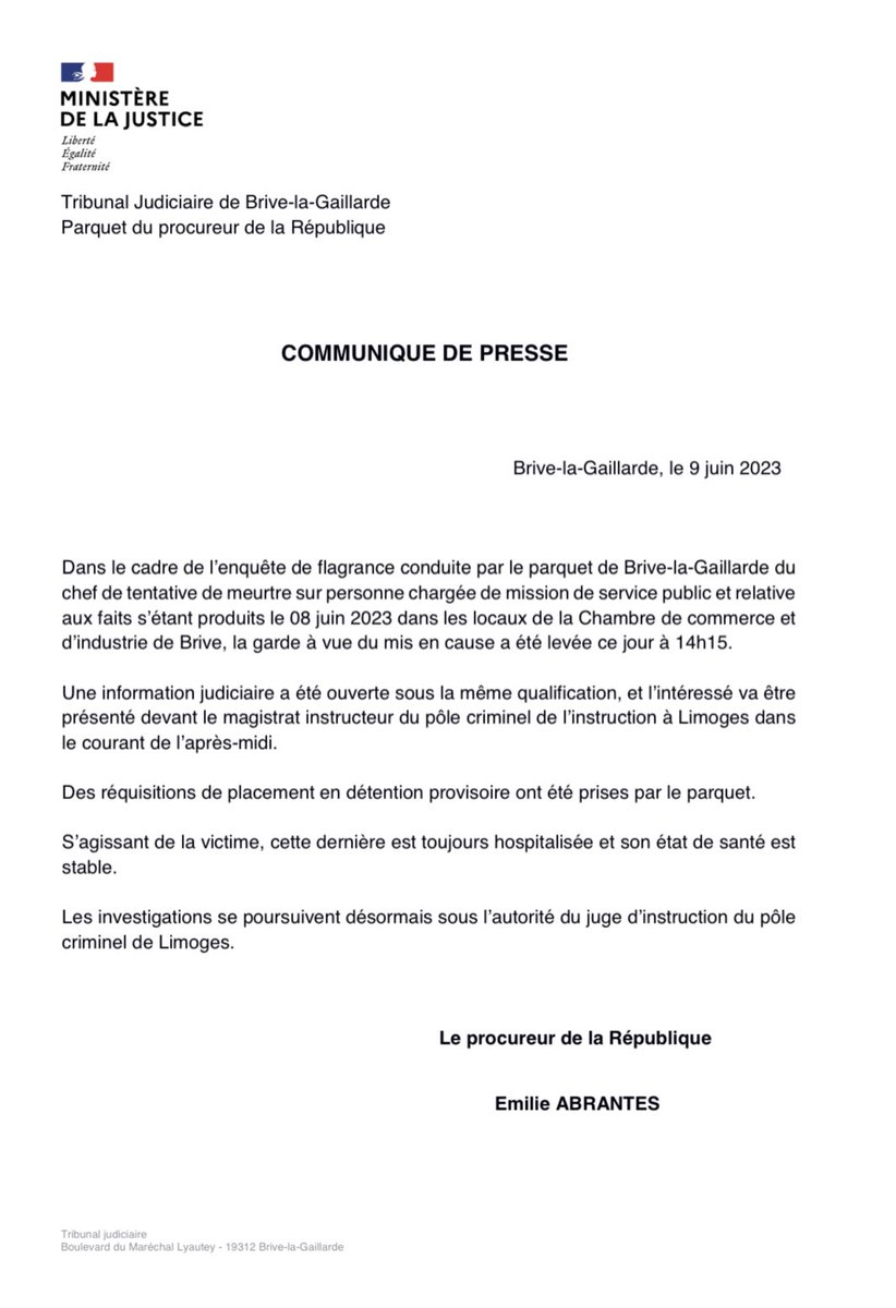 PR_Brive's tweet photo. Communiqué de presse de @PR_Brive  sur les faits survenus le 08.06.2023 dans les locaux de la CCI de Brive la Gaillarde. https://t.co/0DhTlXYqcx