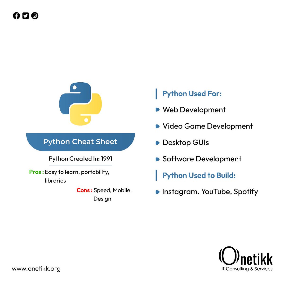 onetikk's tweet image. Python is an interpreted, object-oriented, high-level programming language with dynamic semantics.

#python #pythoncheatsheet #Pythondeveloper #onetikk