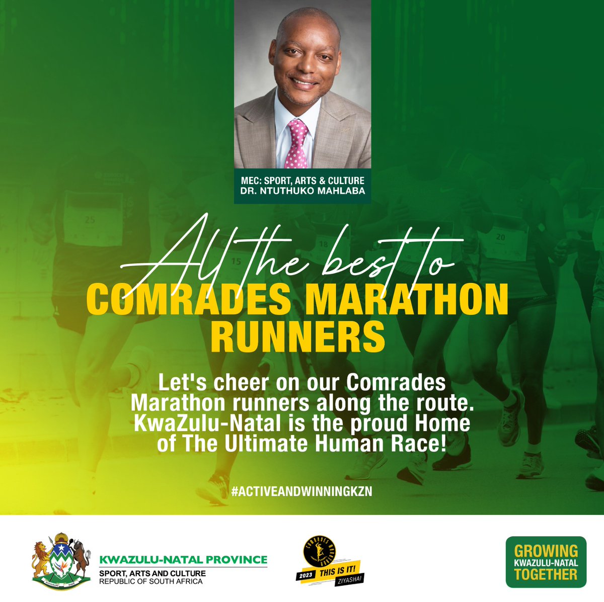 KZN MEC for @SportArtsKZN Dr Ntuthuko Mahlaba, calls on communities along the Comrades Marathon route to come out in numbers to support the runners as they tackle the 87.7km run from #Pietermartizburg to #Durban on Sunday, 11 June 2023.#ComradesMarathon2023
#activeandwinningKZN