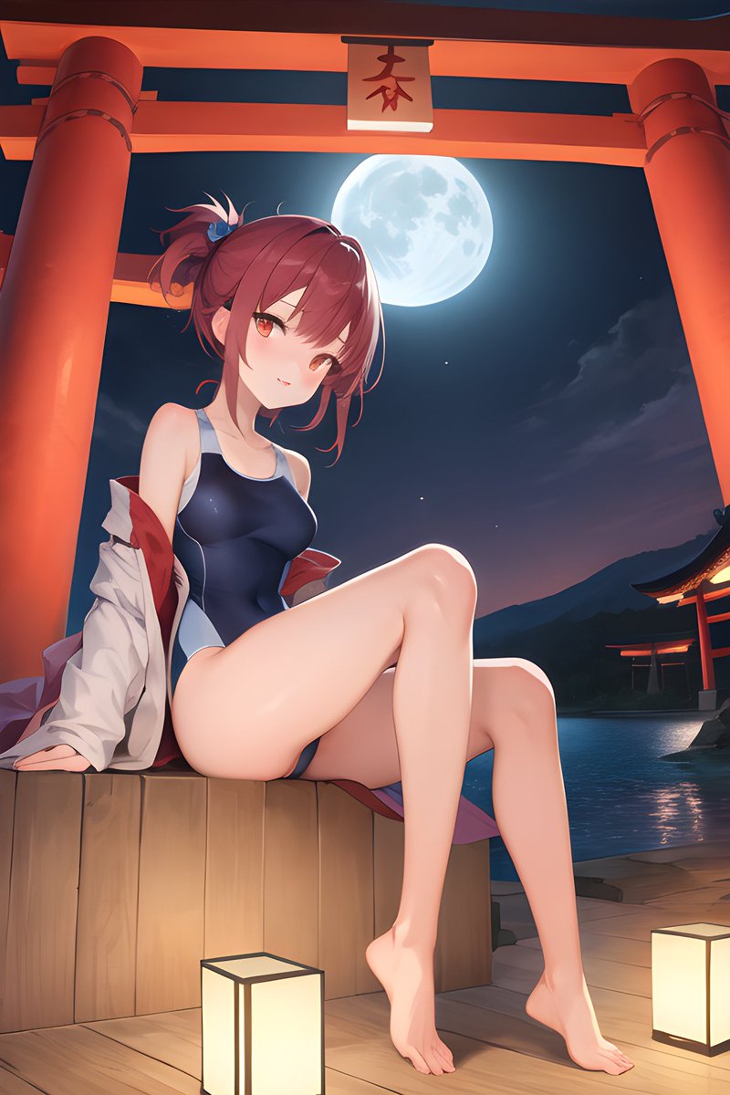 LeoSwimmers's tweet photo. Shy red-haired girl ready to take a moonlit swim at the lake's edge.

#AI #AIart #onepieceswimsuit #sportswimsuit #redhair #animegirl #torii #barefoot #longlegs #shygirl #swimwear #readytoswim #moon https://t.co/Z2EubaSOAI