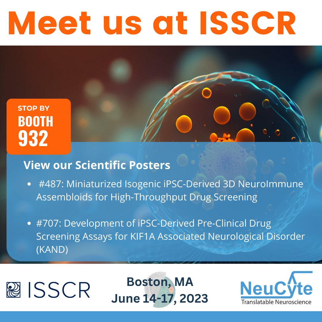 If you're heading to #ISSCR2023 , make sure to stop by booth 932 and visit our posters. Our scientists are ready to chat with you on how we can support your CNS drug discovery with our hiPSC-based technology platforms and disease modeling capabilities.
neucyte.com/isscr2023