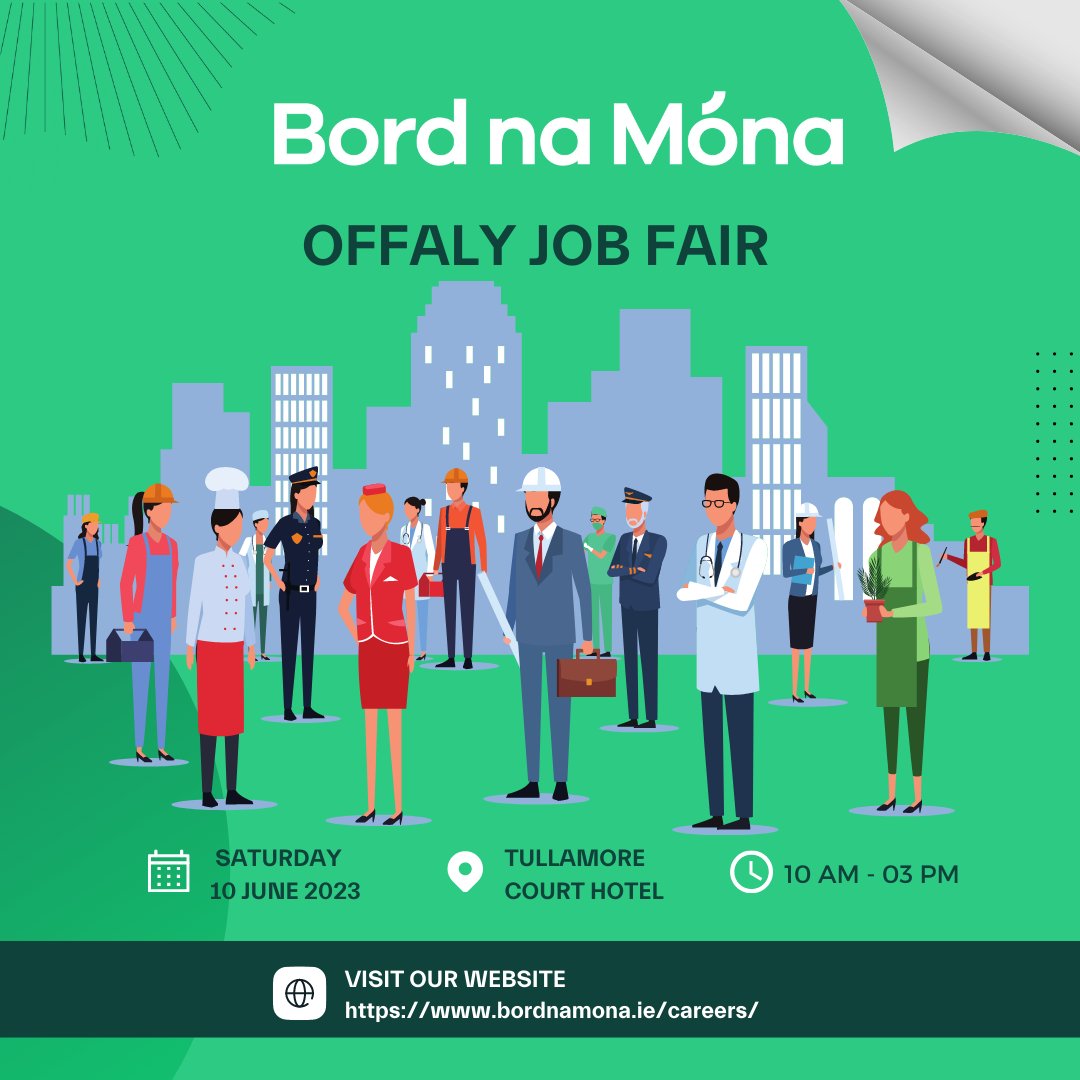 Join us at the Offaly Job Fair this Saturday, June 10th, 2023, at the prestigious Tullamore Court Hotel
We'll be eagerly awaiting your visit at the @BordnaMona  stand from 10:00 am to 3:00 pm.
Don't miss this opportunity to explore potential career opportunities. See you there!