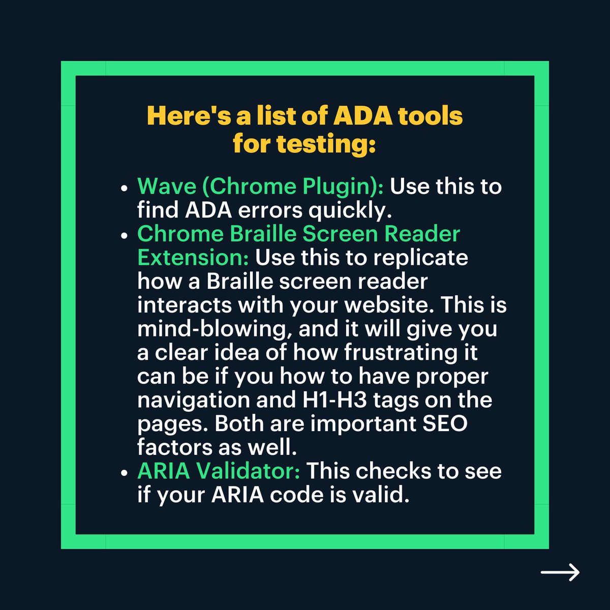 growthskillsco's tweet image. SEO &amp;amp; ADA compliance are symbiotic — they function together, increasing visibility &amp;amp; access to your website &amp;amp; content.

Our CEO &amp;amp; Founder, @MrChichester shares a list of ADA tools your biz can use for testing &amp;amp; optimization.

#LessonsFromOurFounderFriday #ADACompliant #SEOforADA