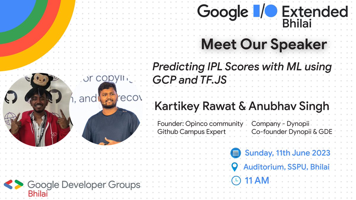 gdgbhilai's tweet image. 📢 Speaker Announcement: Google I/O Extended 2023 🌟

Hey geeks!👋
We are delighted to announce our final keynote speakers for Google I/O Extended 2023!🎊

#GoogleIO2023 #google #googlefordevs