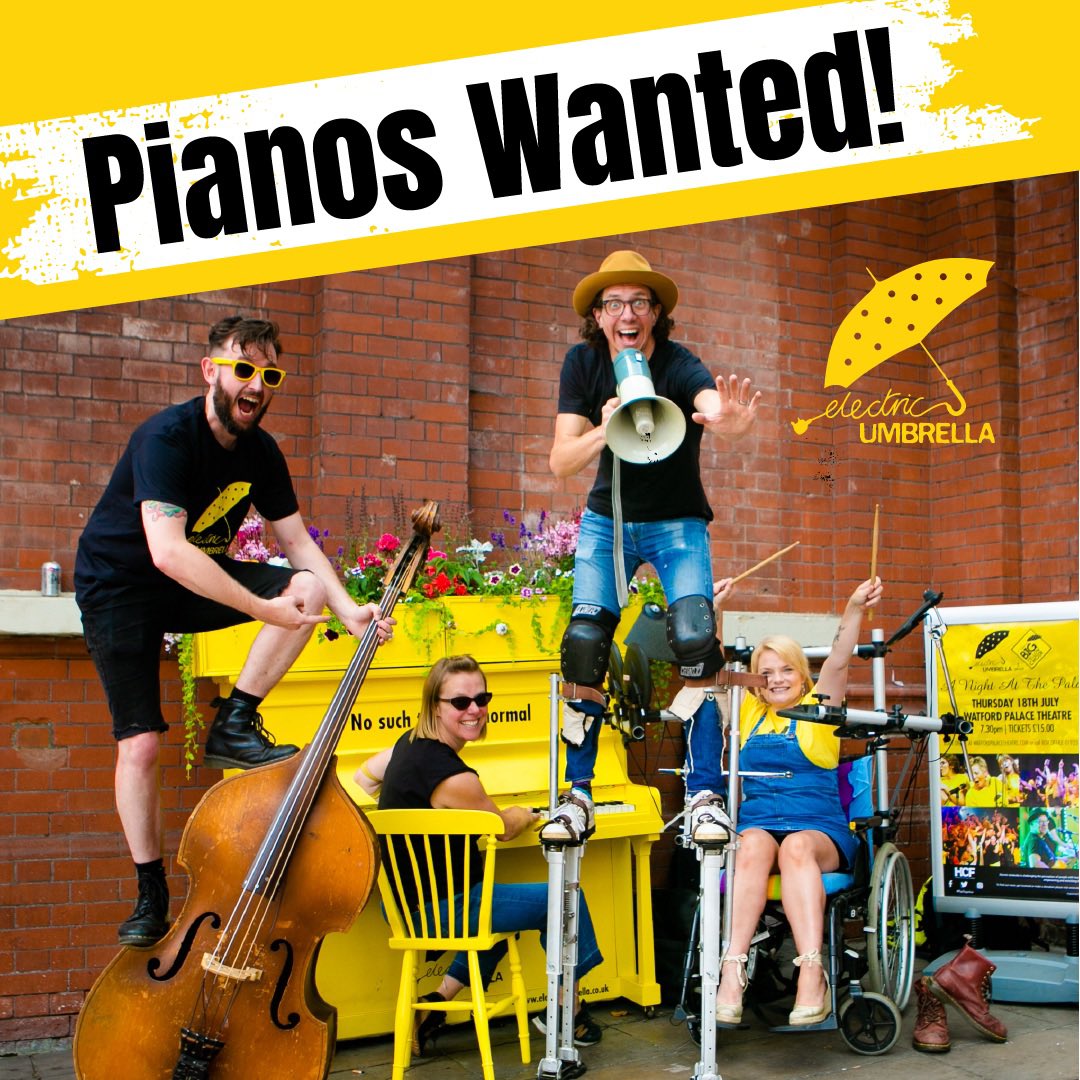We urgently need donations of pianos!        

🆙 Upright pianos
✅ Fully functioning 
🔟 Within 10 miles of Hemel
🚌 If suitable, we can collect 

📧instruments@electricumbrella.co.uk with 2 photos, external &amp; internal showing strings clearly.