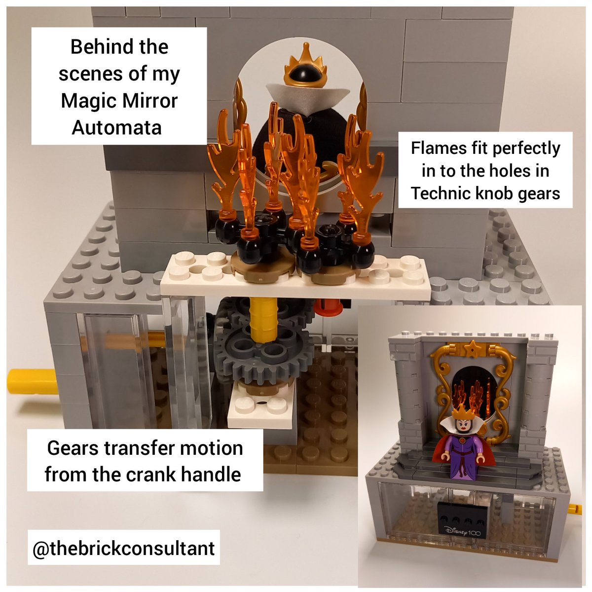 sprguinness's tweet photo. The Evil Queen and the Mirror on the wall. #LEGO #Automata #mirror #minifigures #disney100 #disney #kineticmodel #behindthescenes https://t.co/NV8dL6nFTI