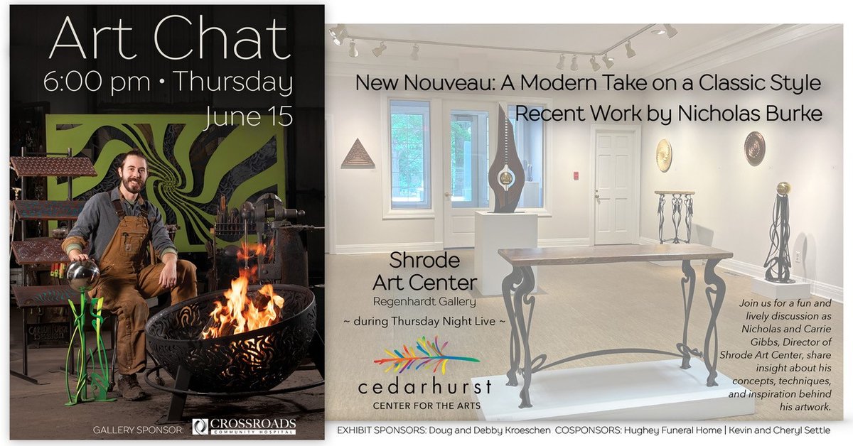 Join us for a fun &amp; lively discussion as Nicholas Burke and Carrie Gibbs, Director of Shrode Art Center, share insight about his concepts, techniques, and inspiration behind his artwork.

June 15 | 6-7 pm | Regenhardt Gallery | Free Admission

Details at cedarhurst.org/regenhardt-gal…