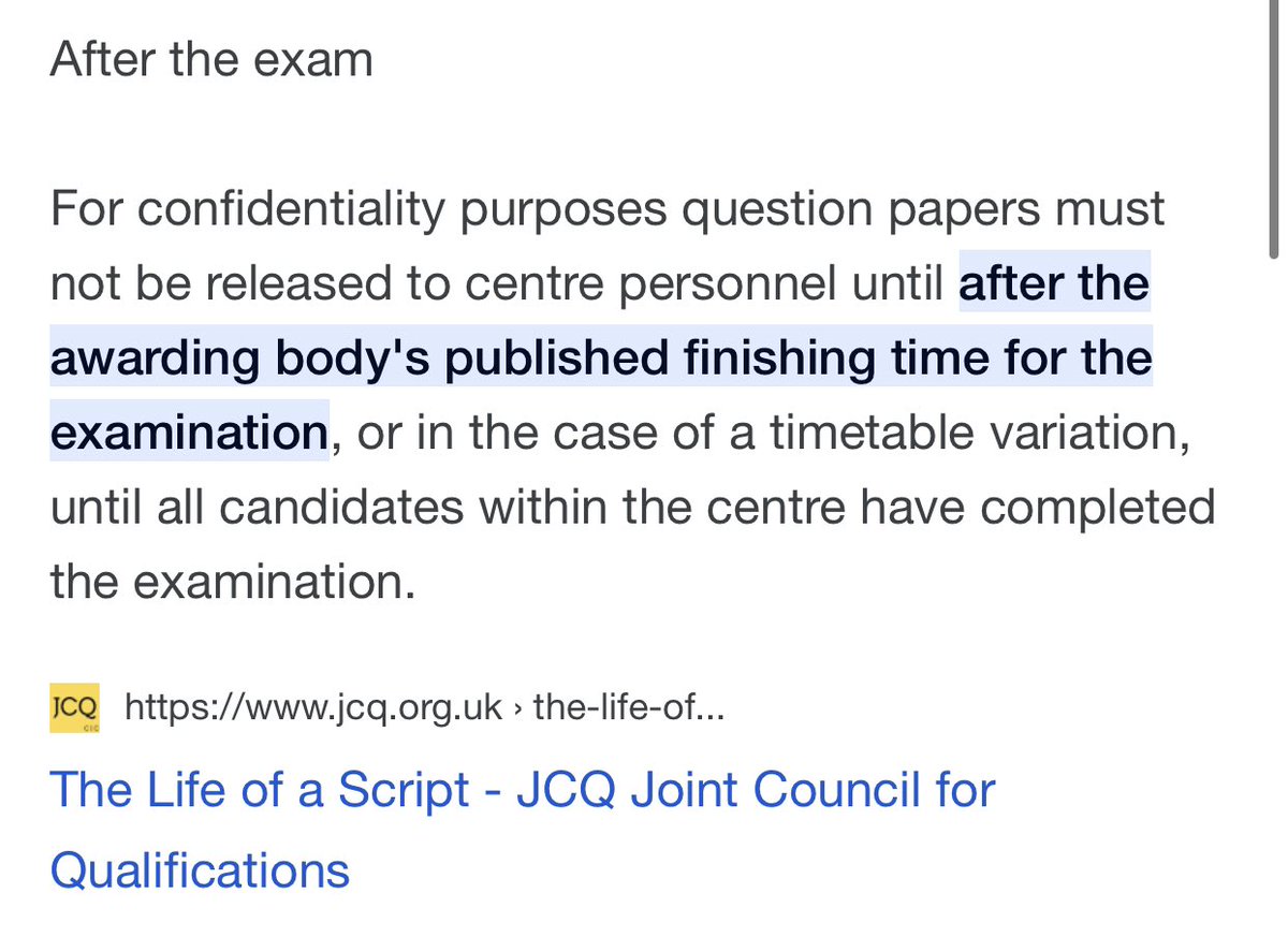 Annual edu myth ‘debunking’ post! 
#edutwitter 
WHEN CAN YOU SEE THE PAPER? 

“Centre personnel can see the paper after the awarding body’s published finishing time for the examination or when all candidates have completed it at the centre” JCQ