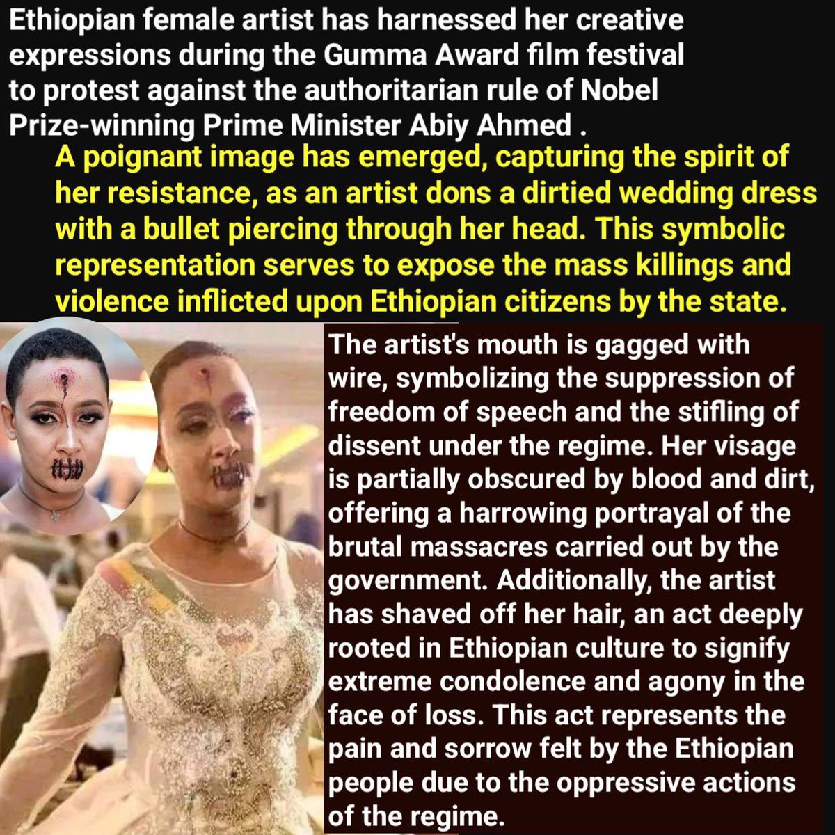 In a bold display of dissent, Ethiopian female artist Filagot Abraham, has harnessed her creative expressions during the Gumma Award film festival, to protest against the authoritarian rule of Nobel Prize-winning Prime Minister <a href="/AbiyAhmedAli/">Abiy Ahmed Ali 🇪🇹</a> . A poignant image has emerged,
