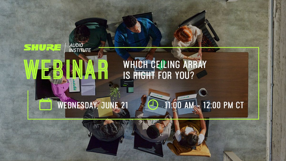 shure's tweet image. Have you been staring at the ceiling, wondering which array is right for you? Join us on June 21 to learn how Shure’s ceiling array mics stack up for AV conferencing. Sign up for free: shu.re/3MYEWrk.

#ProAV #AVtweeps #Conferencing #AVtech #HybridWorking