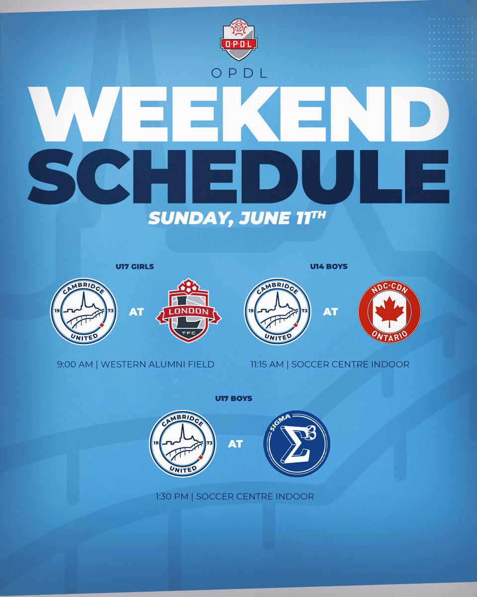 Upcoming OPDL Weekend Schedule 🗓️

Best of luck to all the teams!

#CambridgeUnited #OPDL #OntarioSoccer