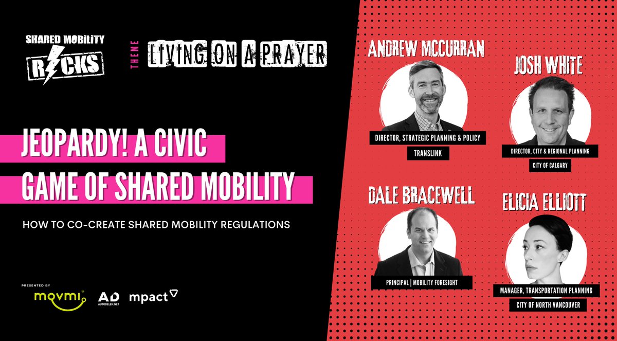 Are you ready to learn the best methods for co-creating #sharedmobility #regulations? 👩‍⚖️ Join us at #SMR2023 for this interactive session: Jeopardy! A Civic Game of Shared Mobility 🛎

Purchase your #Earlybird #SMR tickets for 50% off here: eventbrite.ca/e/shared-mobil…