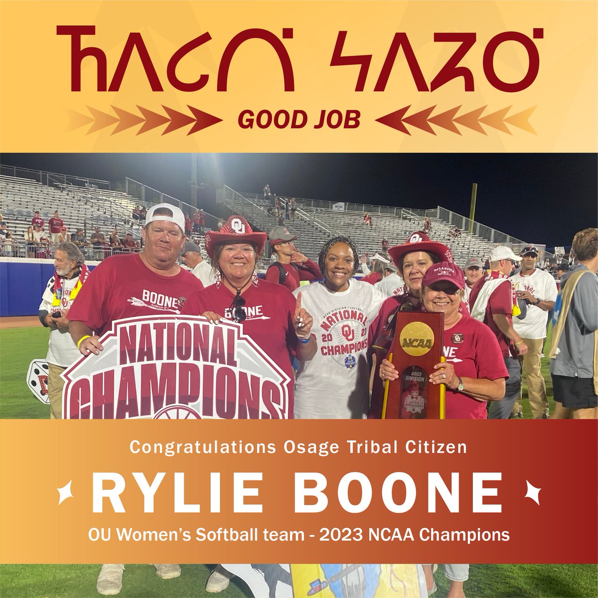 They did it again! Congratulations to Osage Rylie Boone (pictured with family) and the whole OU Women’s Softball organization for a three-peat NCAA Division Women’s Softball National Championship victory. 𐓵𐓘𐓧𐓣 𐓷𐓘𐓻𐓪͘ | GOOD JOB