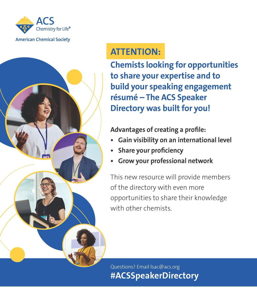 Let your expertise be heard! Create a profile for the #ACSSpeakerDirectory &amp; be discovered by event organizers looking for diverse #chemistry speakers to present their knowledge with other #Chemists. fal.cn/3yYqH