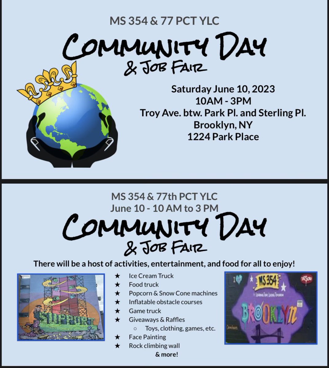 Come out for a day of fun! MS 354 and the 77 PCT YLC are proud to host a fair dedicated to building community and more👮🏾‍♀️🥳 #354strong @SheneanL @CSD17NYC @Philton73287848 @Empressrose72
