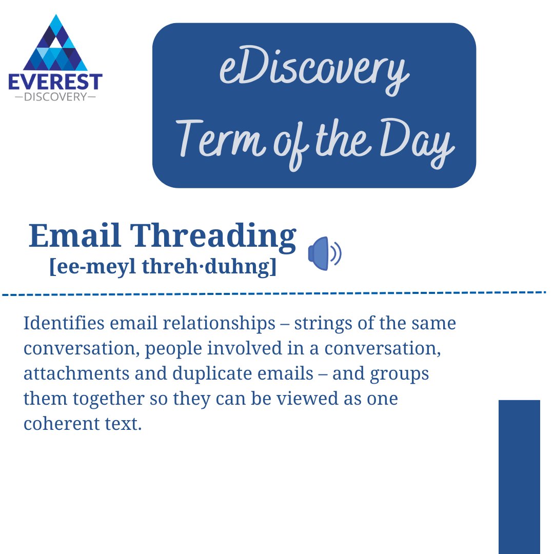 EverestDisco's tweet image. We have another #eDiscoveryTermOfTheDay for you!

Today&apos;s term is &quot;Email Threading.&quot;

Check out our blog post &quot;Terminology to Know for a Successful eDiscovery Project&quot; to learn more about this term and others: bit.ly/3JGuyV5

#emailthreading #wordoftheday #learning