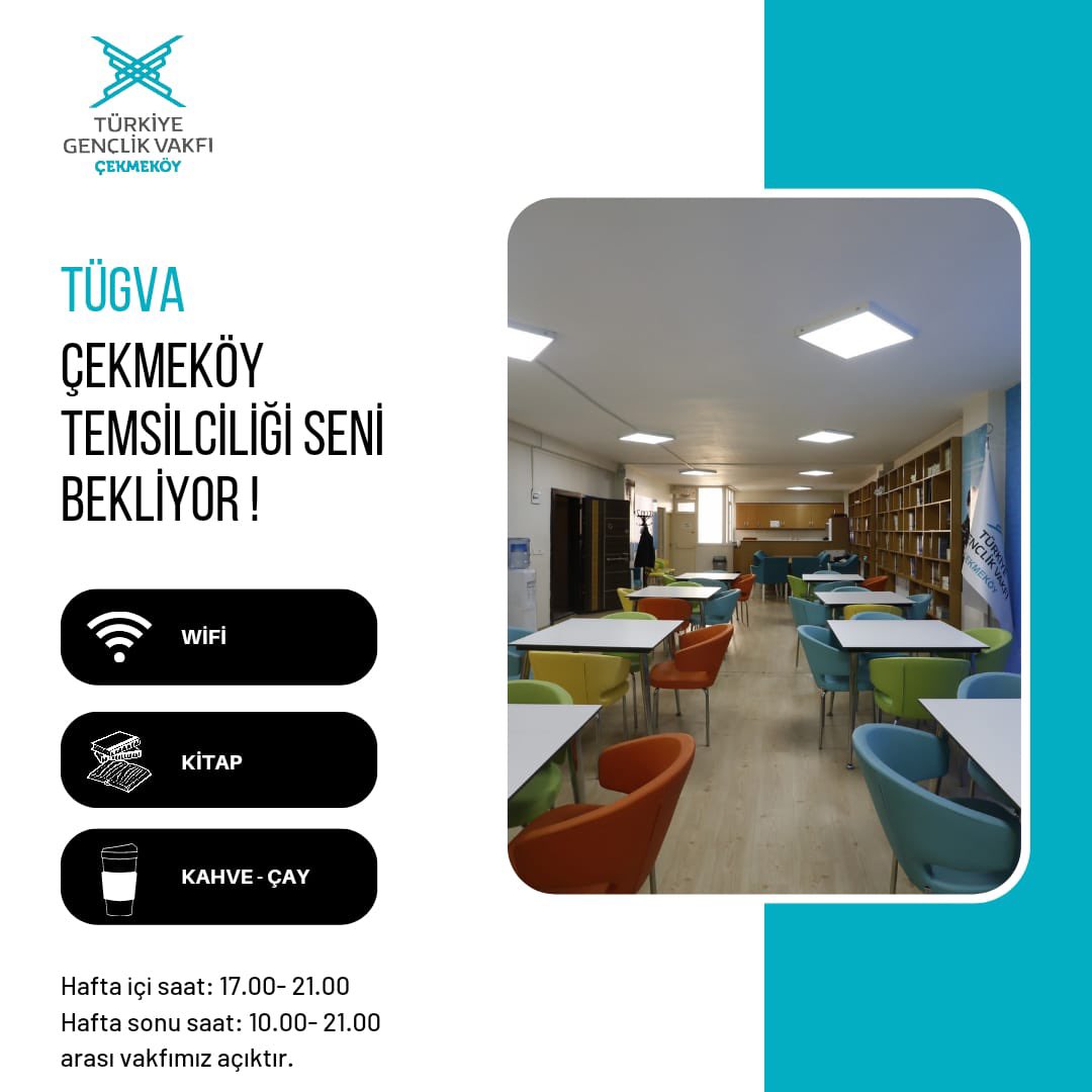 TÜGVA Çekmeköy İlçe Temsilciliğimiz,
Hafta içi ;
🕔 Saat 17.00- 21.00

Hafta sonu;
🕙 Saat: 10.00- 21.00

Aralığında vakfımız açıktır. Çay, kahve ikramımız bulunmaktadır, herkesi bekleriz.