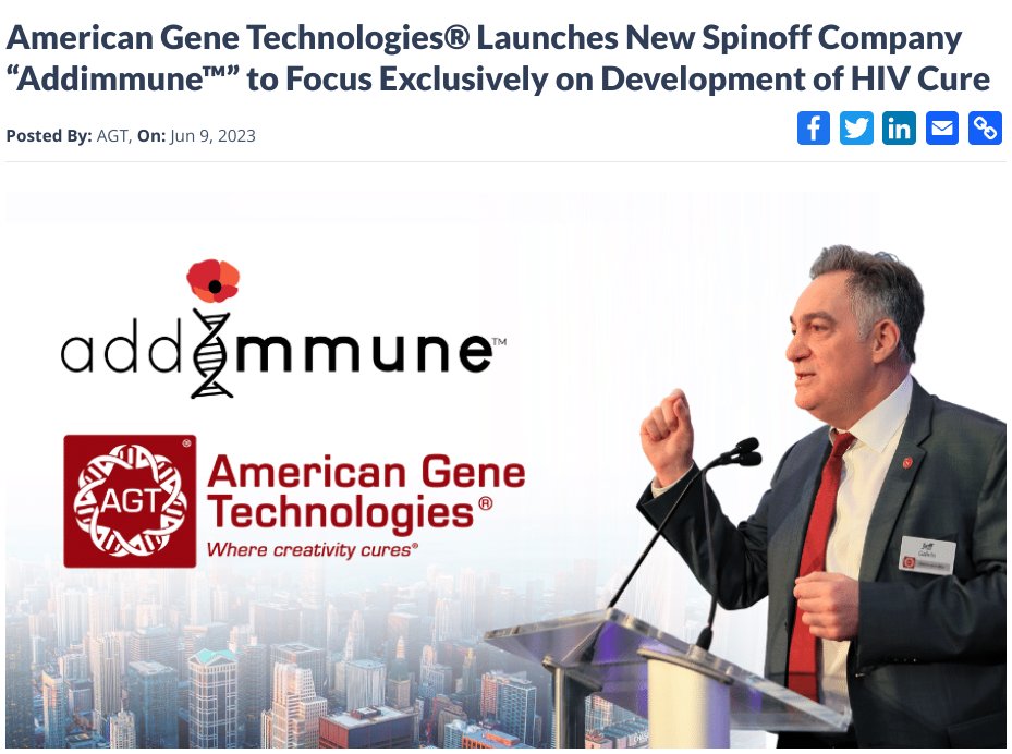 American Gene Technologies Launches New Spinoff Company “Addimmune” to Focus Exclusively on Development of HIV Cure 
americangene.com/news-releases/…