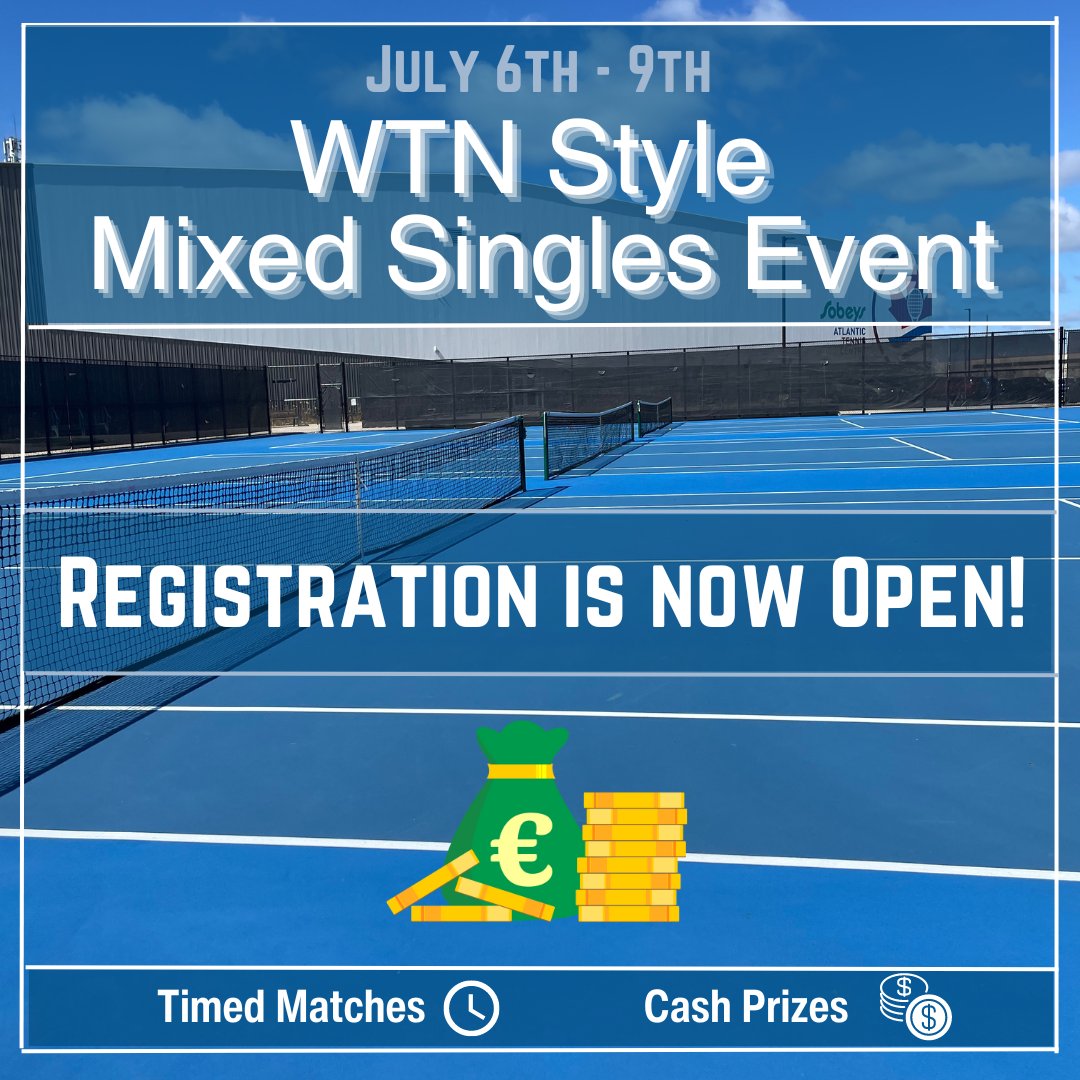 TennisNovaScoti's tweet photo. Registration has just opened for the second ever WTN Style Mixed Singles Event hosted at the SATC! 
Use this link for registration: https://t.co/b7MuF9GiDf
Use this link to view the fact sheet: https://t.co/EzpOZHrTD2 https://t.co/3aLqhOHzB6