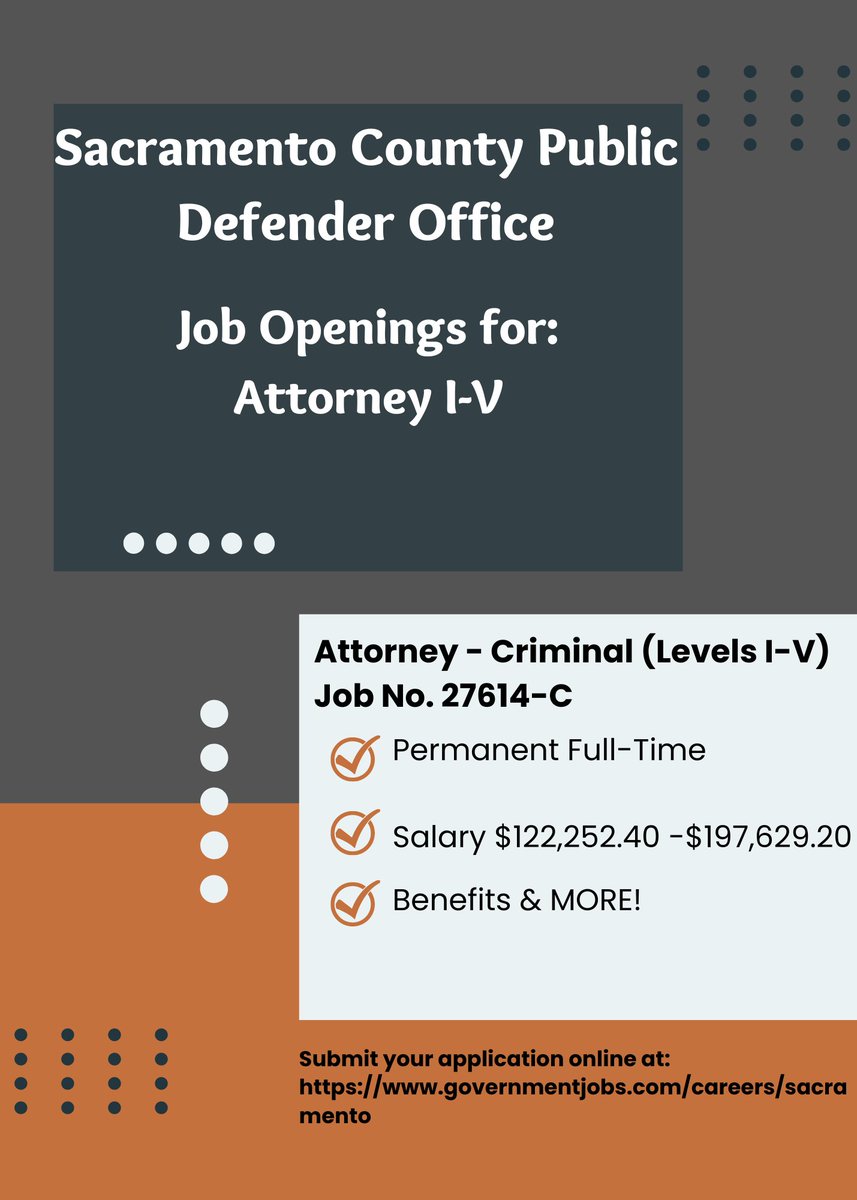 Job Alert!
The Sacramento County Public Defender Office currently has 10 attorney openings. Recent graduates are encouraged to get on the County's list while awaiting their Bar license. Apply today!
(See the link below)
governmentjobs.com/.../attorney-c…...