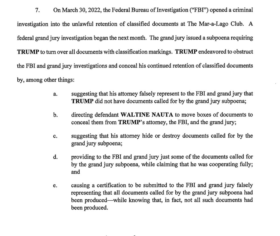 kylegriffin1's tweet photo. The indictment: Trump endeavored to obstruct the FBI and grand jury investigations by suggesting that his attorney hide or destroy documents and by directing Walt Nauta to move boxes "to conceal them" from hisattorneys and the FBI. https://t.co/liSB0v2Ih8