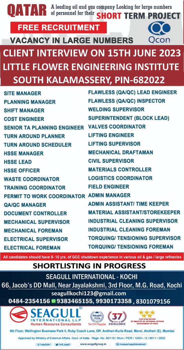 hrd1_seagull's tweet photo. QATAR JOBS- FREE RECRUITMENT
SHORT TERM PROJECT - VACANCY IN LARGE NUMBERS
CLIENT INTERVIEW ON 15TH JUNE 2023 - KOCHI
.

.

.
#sitemanager #planningmanager #hsselead #liftingengineer #documentcontroller #fieldengineer #civilsupervisor #adminmanager #electricalforman https://t.co/uIB7ilHJ0R